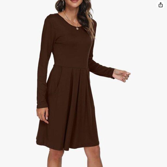 ✨PETITE Casual Pleated Swing Dress with Pockets – Long Sleeve Tunic, Solid Color - Picture 6 of 6